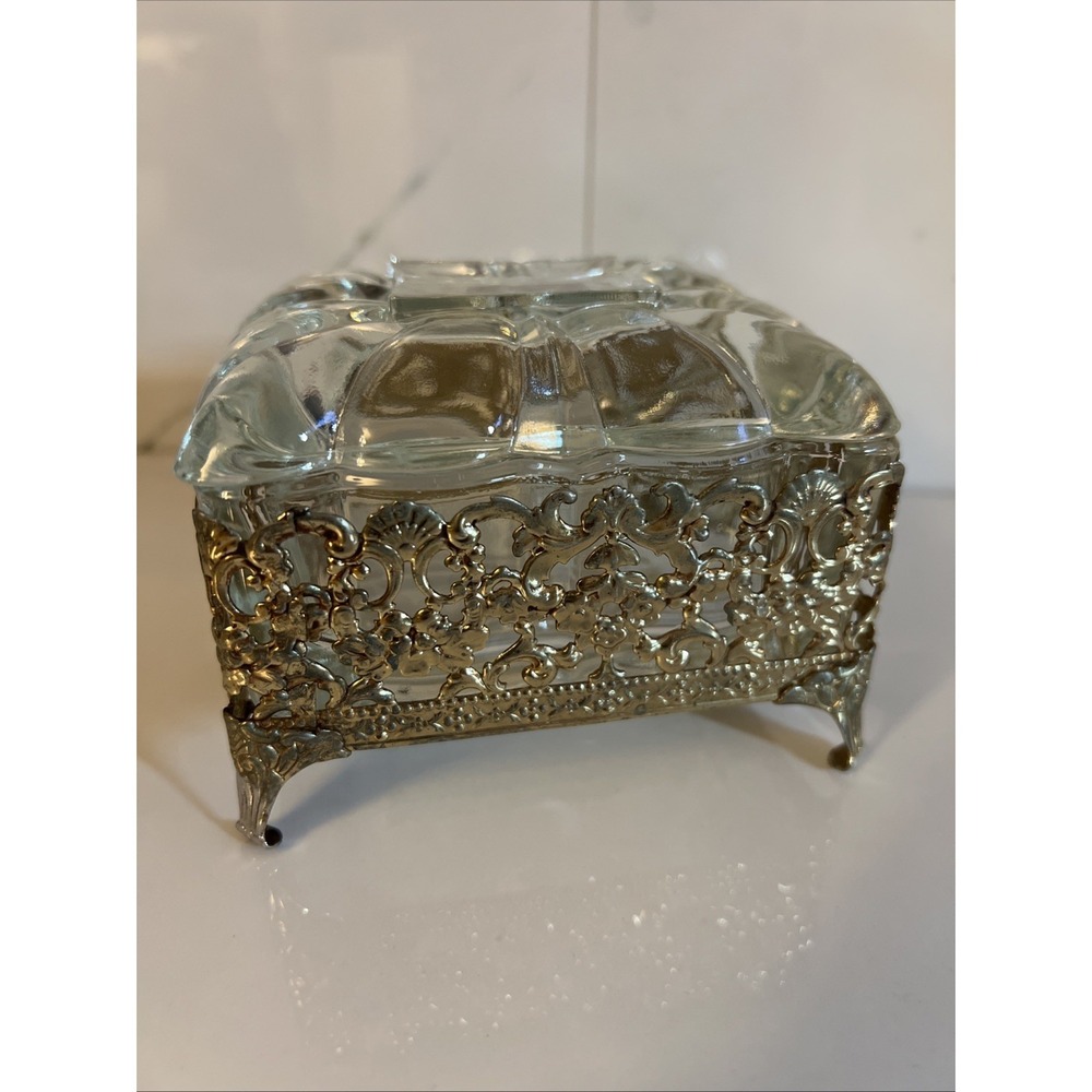 Victorian Style Brass Vanity Trinket Pressed Glass Footed Jewelry Lidded Box